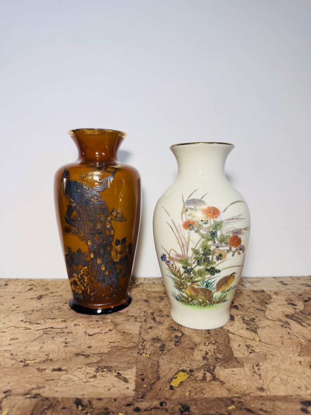 2 Oriental Art Inspired Ceramic Vases Floral & Bird Motif w/ Gold Trim 🦅